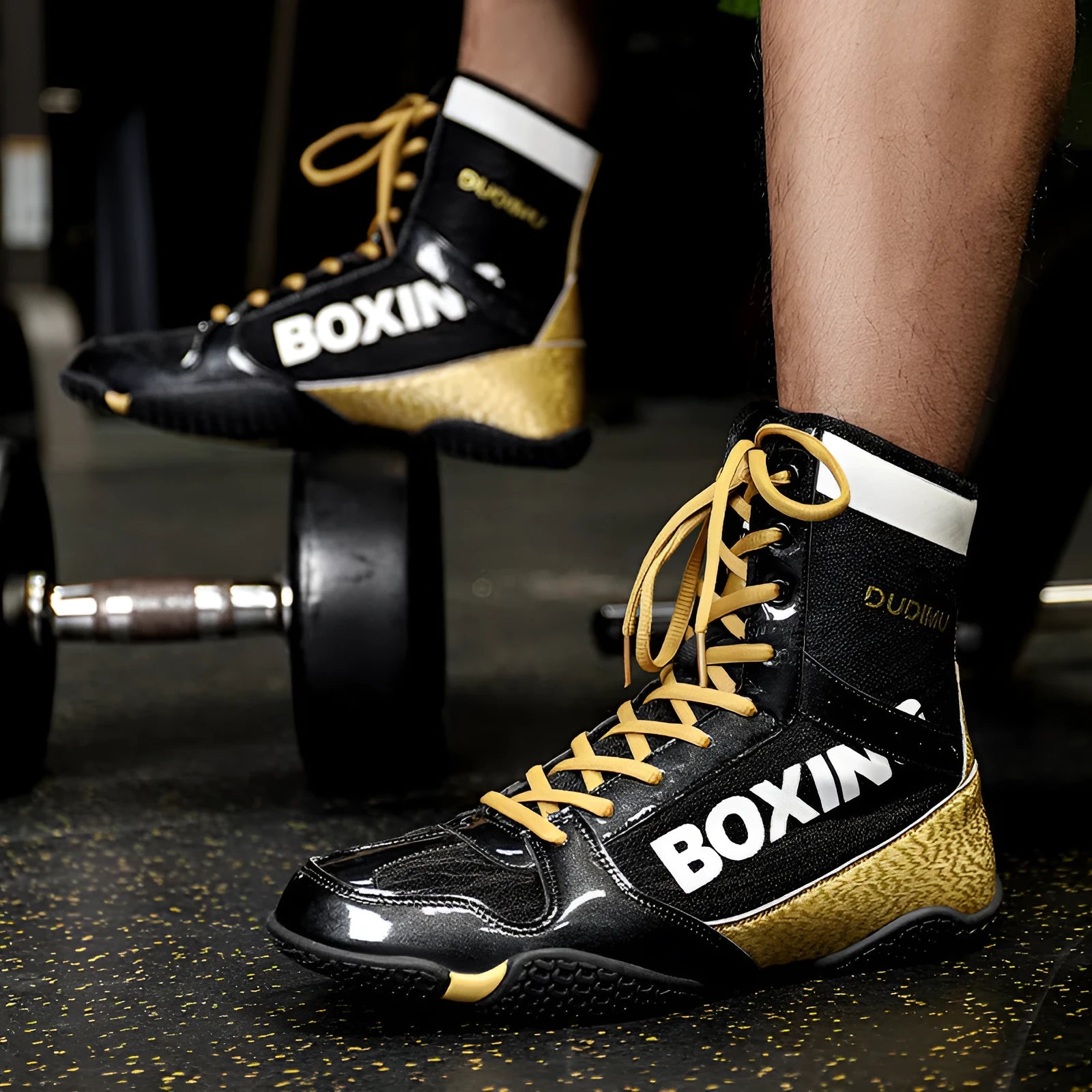 High-top combat training wrestling shoes with soft rubber soles in black gold colour