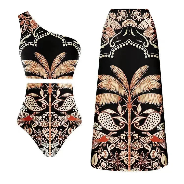 Women's black one-piece polyester swimsuit on a hanger, showing one-shoulder style