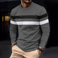 Men's casual round neck long sleeve t-shirt top with colour block pattern in black, loose fit, cotton blend