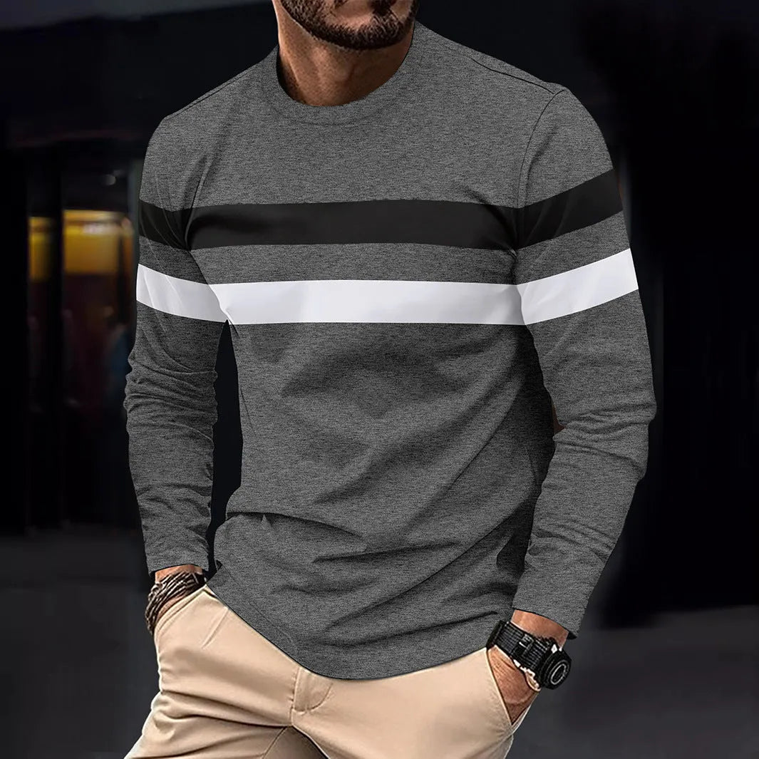 Men's casual round neck long sleeve t-shirt top with colour block pattern in black, loose fit, cotton blend
