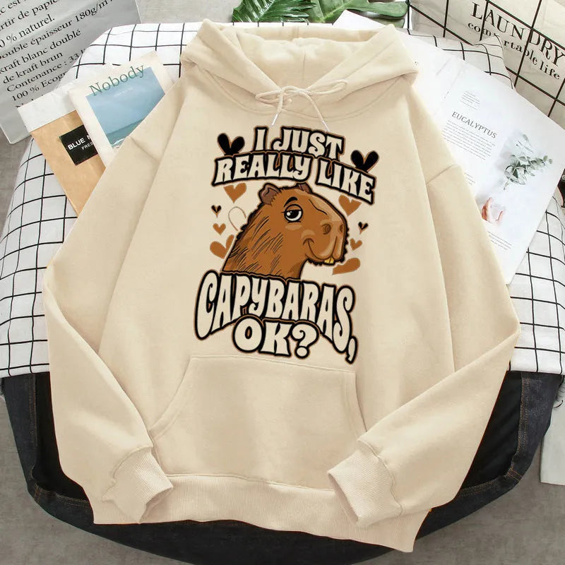Grey capybara hoodie for women Korean hip hop anime harajuku casual pullover with hood and side pockets on model