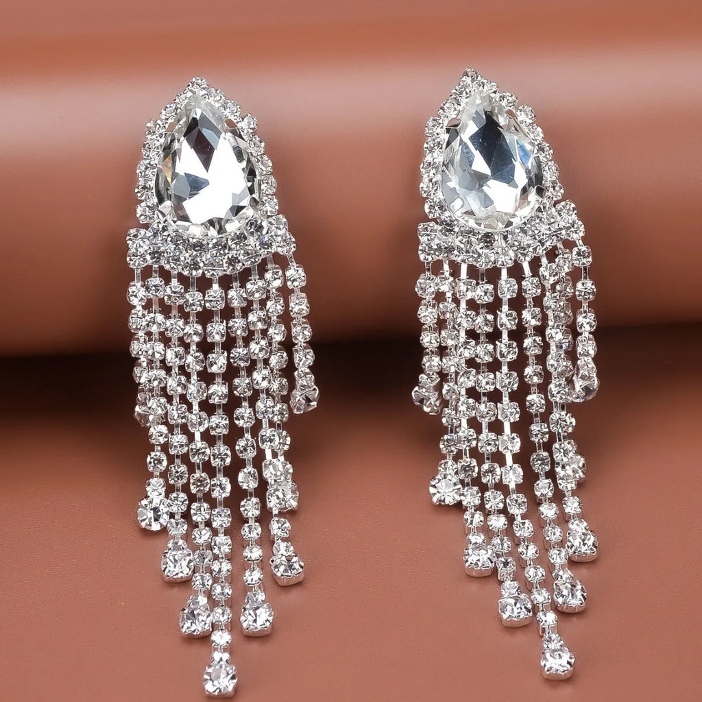 Rhinestone tassel earrings drop-shaped diamond treatment process silver green red 10x2.5cm women fashion OL