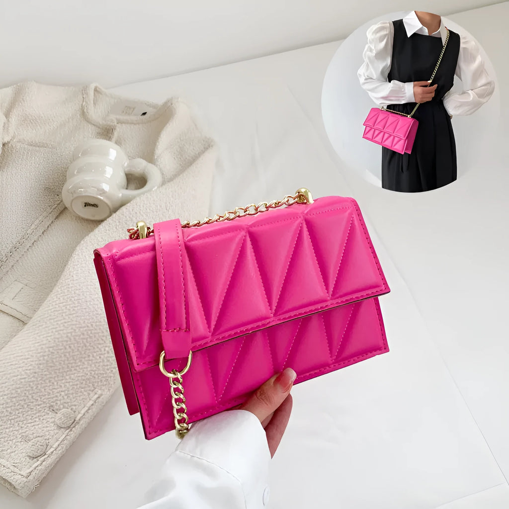 Small square crossbody shoulder bag in PU leather with chain and shoulder strap, available in five colours, 22cm width