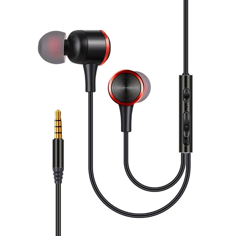 Wired in-ear gaming headset with 3.5mm plug, silicone ear tips, and built-in microphone, shown with storage box