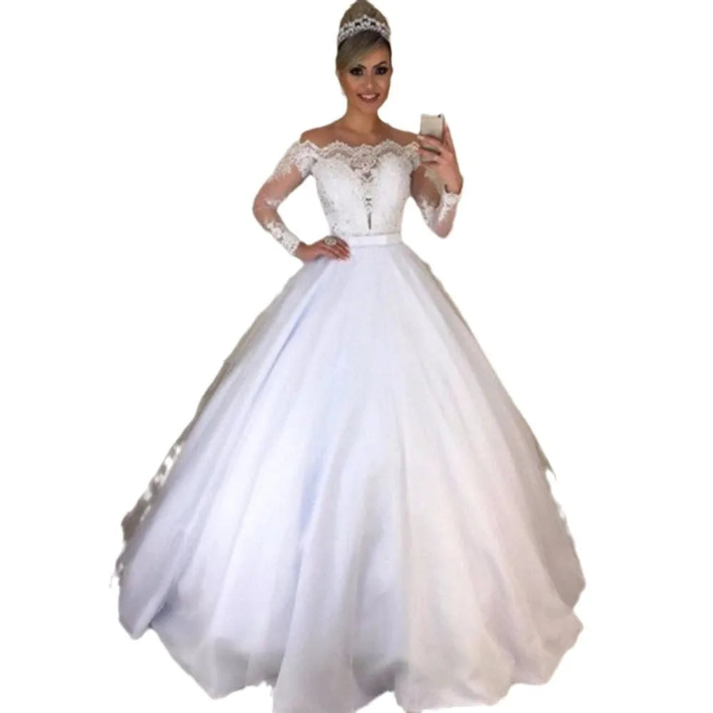 White off-shoulder V-neck slim fit wedding dress with long swing skirt, high waist, and satin fabric