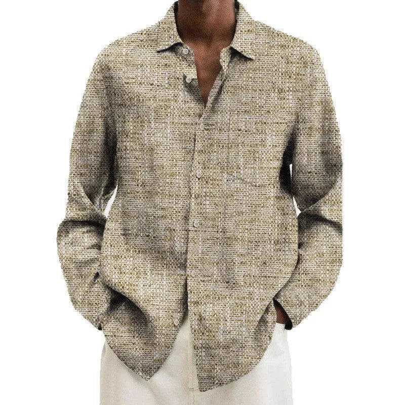 Men's casual multi-colour patterned cardigan with long sleeves on a hanger.