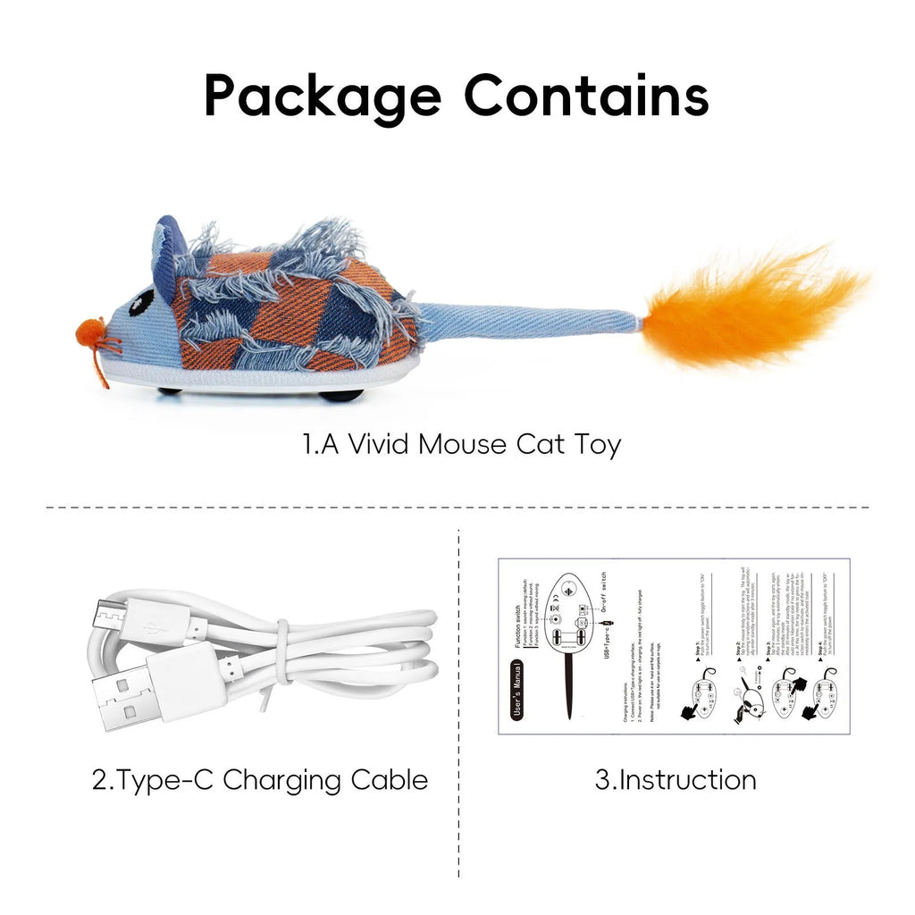 Blue electronic moving mouse cat toy with feather attachment showing 18cm size
