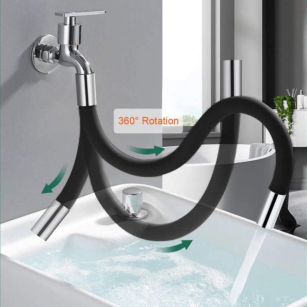 Black faucet extension extender with 360° rotation, stainless steel, 30 cm length, for bathroom basin