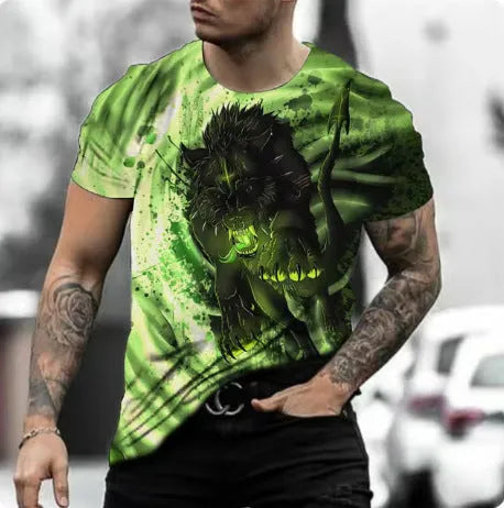 Men's grey short-sleeved T-shirt with a colourful retro 3D digital print of a wild animal on the front.