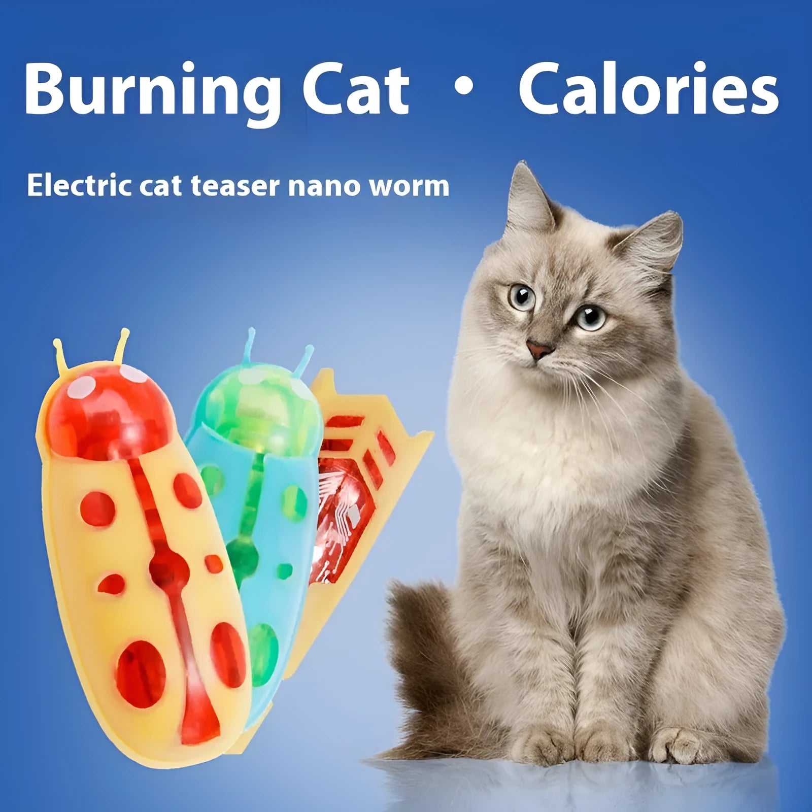Small electric cat teaser toy with a jumping worm mechanism in a red and black ladybug style.