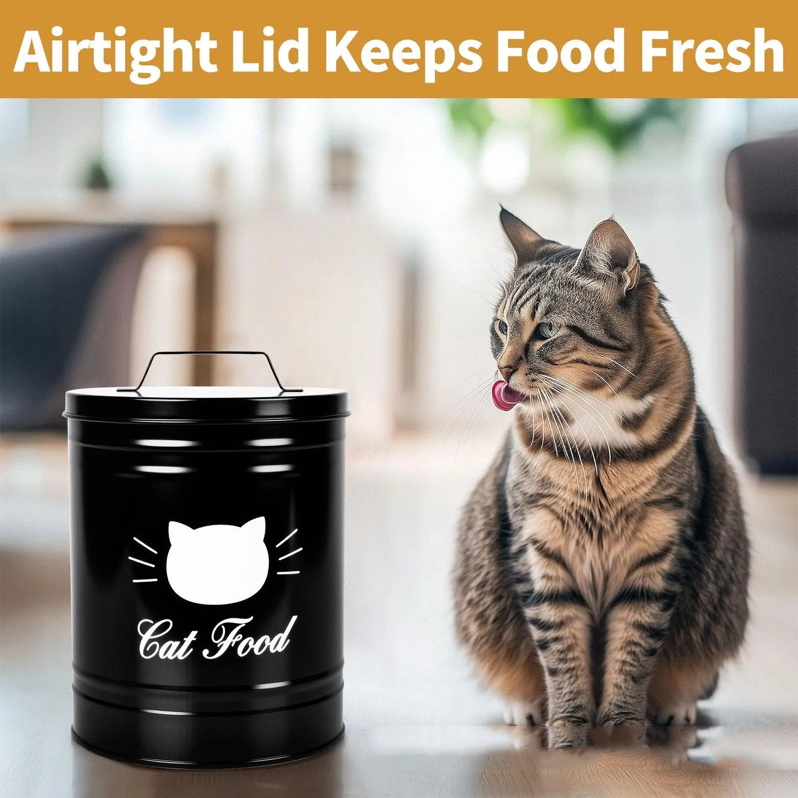 Black and white round iron storage can with inner box for kitchen pantry organisation.