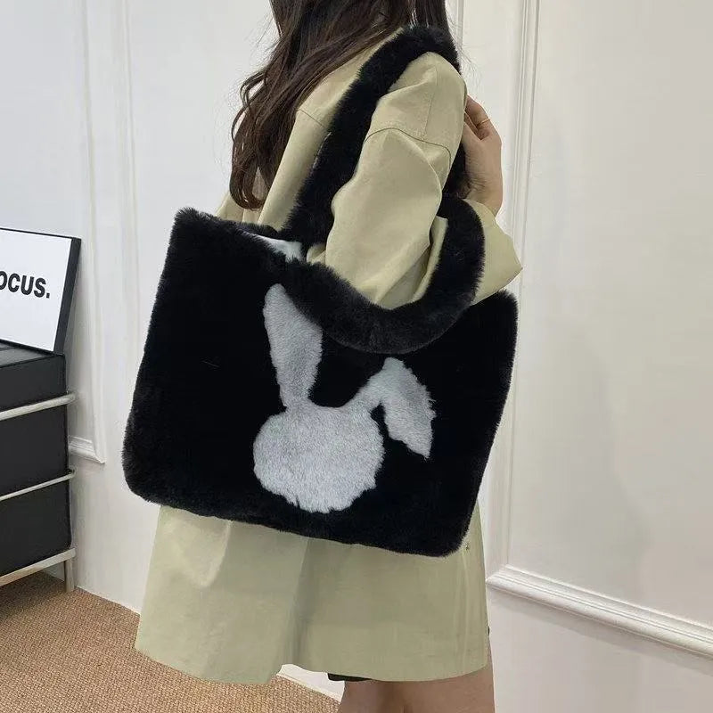 New Cute Rabbit Head One-shoulder Portable Plush Bag in white with contrast stitching and double shoulder straps