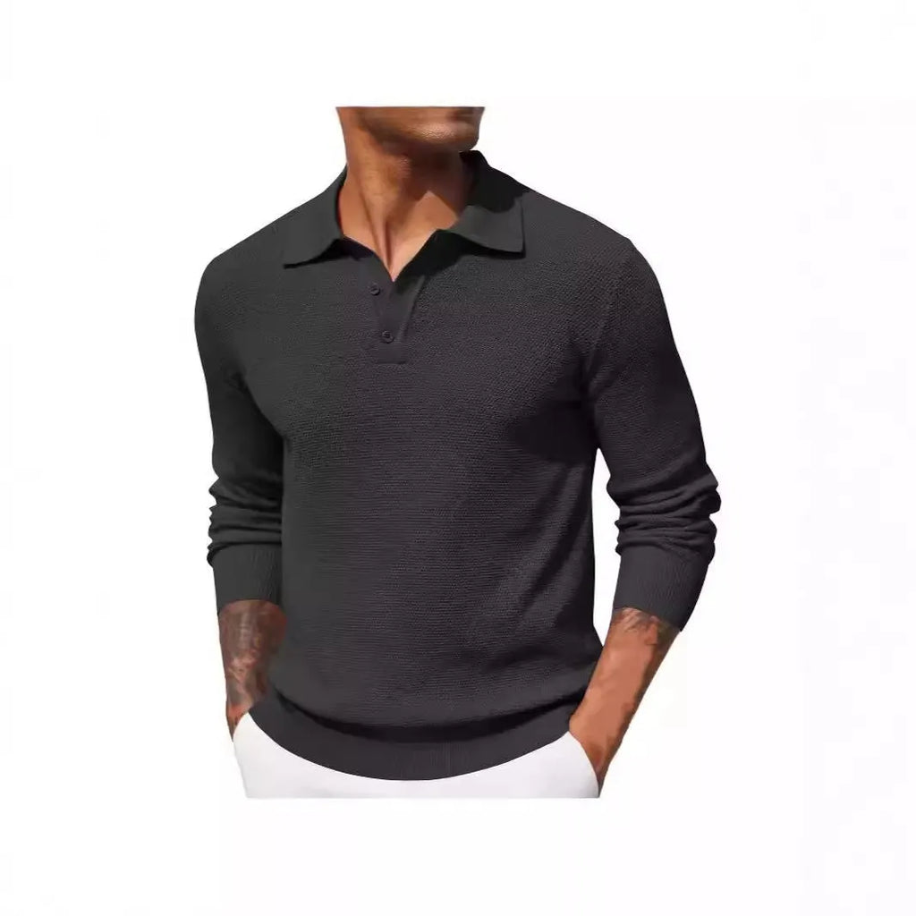 Men's solid colour long-sleeved polyester top in wine red, casual style, autumn wear