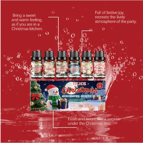 Christmas aromatherapy oil gift set showing six bottles including one large 60ml bottle.