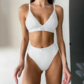 Women's contrast embroidery bikini set in polyester available in black, grey, and white colours