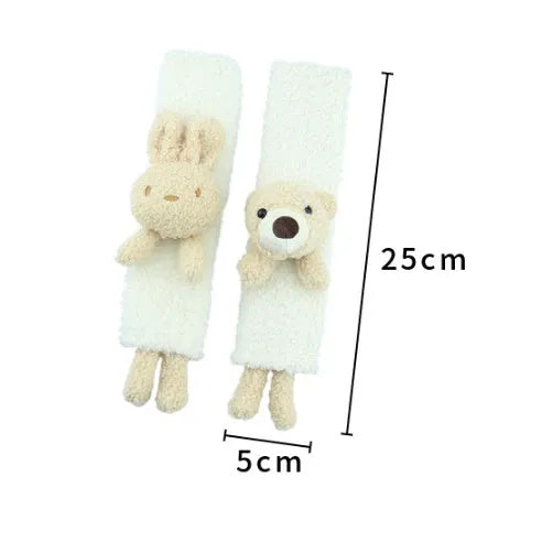 Cartoon plush car seatbelt shoulder protector in lamb wool fabric, showing Rabbit and Bear design options.