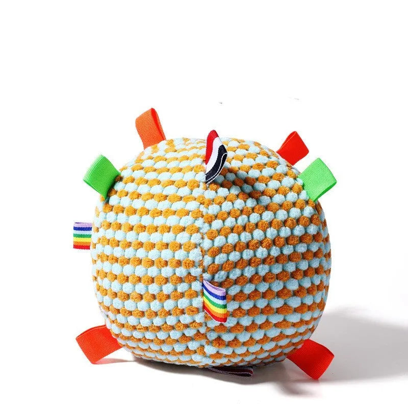 Blue and yellow durable pineapple lattice dog ball toy with ring rolling design, approx 17 cm diameter.
