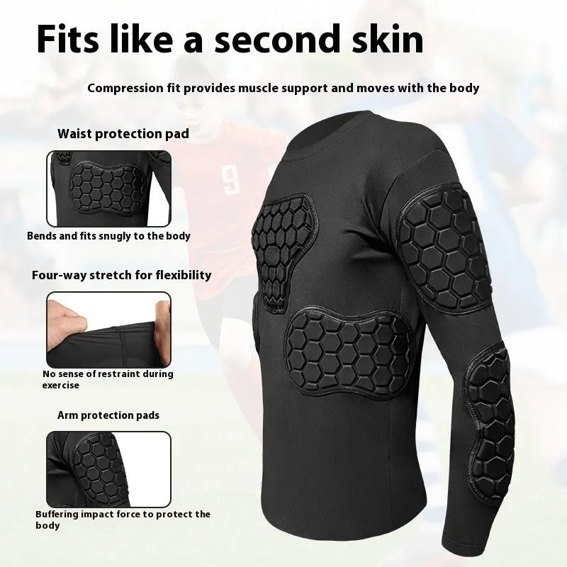 Goalkeeper anti-collision armour set with long-sleeved honeycomb top and trousers, adult male, sizes S to XL