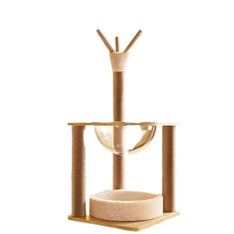 Wooden cat climbing frame with sisal scratching posts, perches, and a built-in space capsule pod in luxury colour
