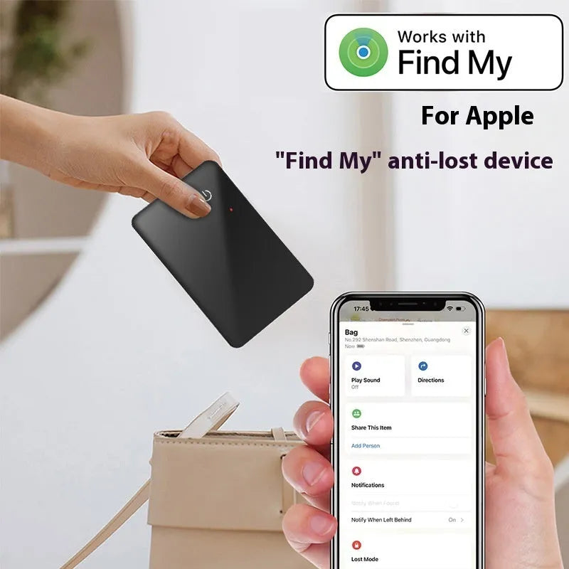 Black pet tracking card with wireless charging, 85mm by 54mm dimensions and hanging hole for collar attachment