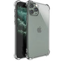 A clear, flexible TPU shockproof phone case designed for various Apple iPhone models.