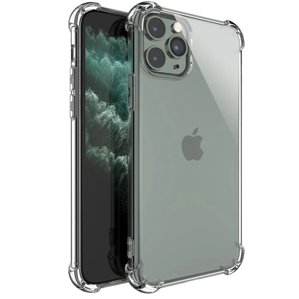 A clear, flexible TPU shockproof phone case designed for various Apple iPhone models.