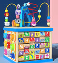 Blue wooden bead treasure box toy with multifunctional scenes for baby development