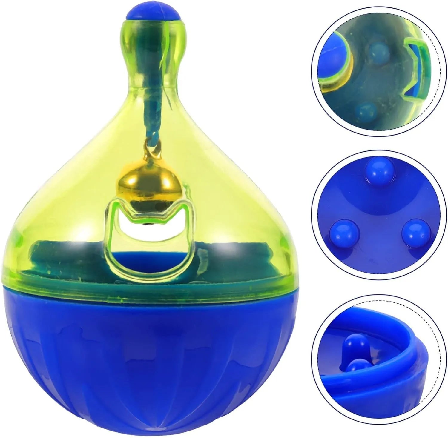Blue and white tumbler-shaped interactive treat dispenser toy for dogs and cats on a wooden floor.