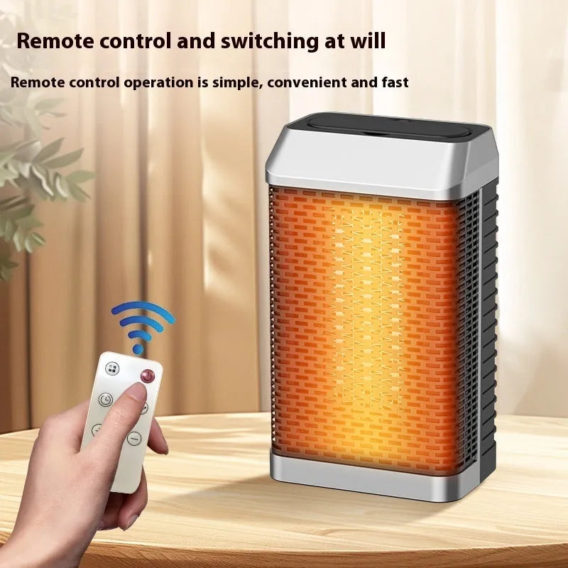 Black remote control oscillating desktop heater showing control knobs and dimensions 14.5x10x26cm.