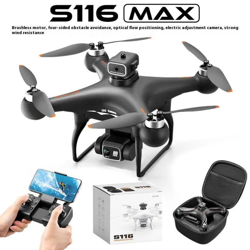 Black HD brushless motor UAV drone with four propellers and a camera, shown with its remote control.