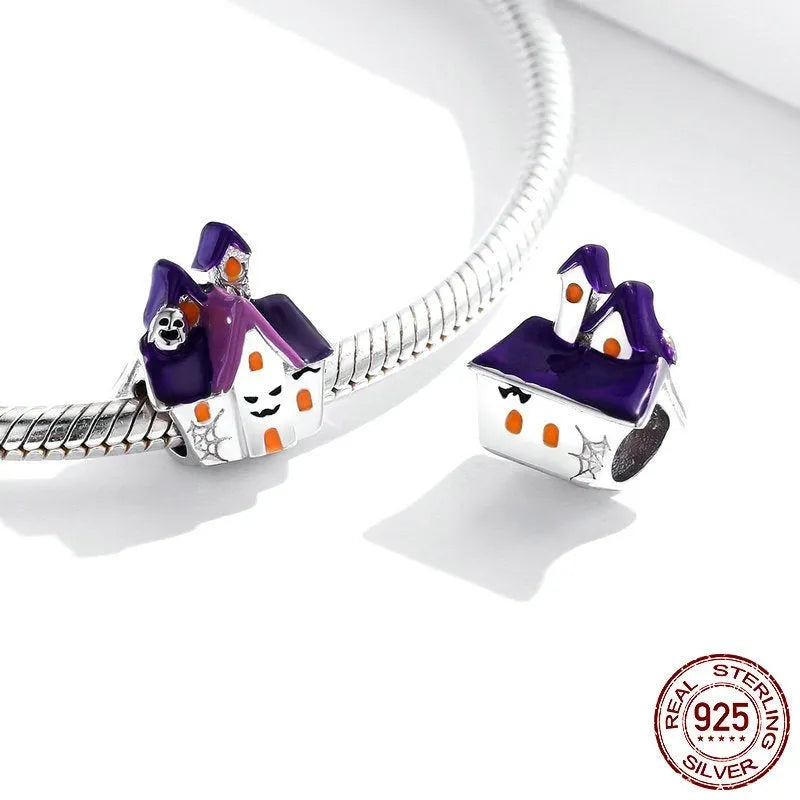 Purple Halloween haunted house metal loose bead, 1.2cm x 1cm, with heart element for jewellery making
