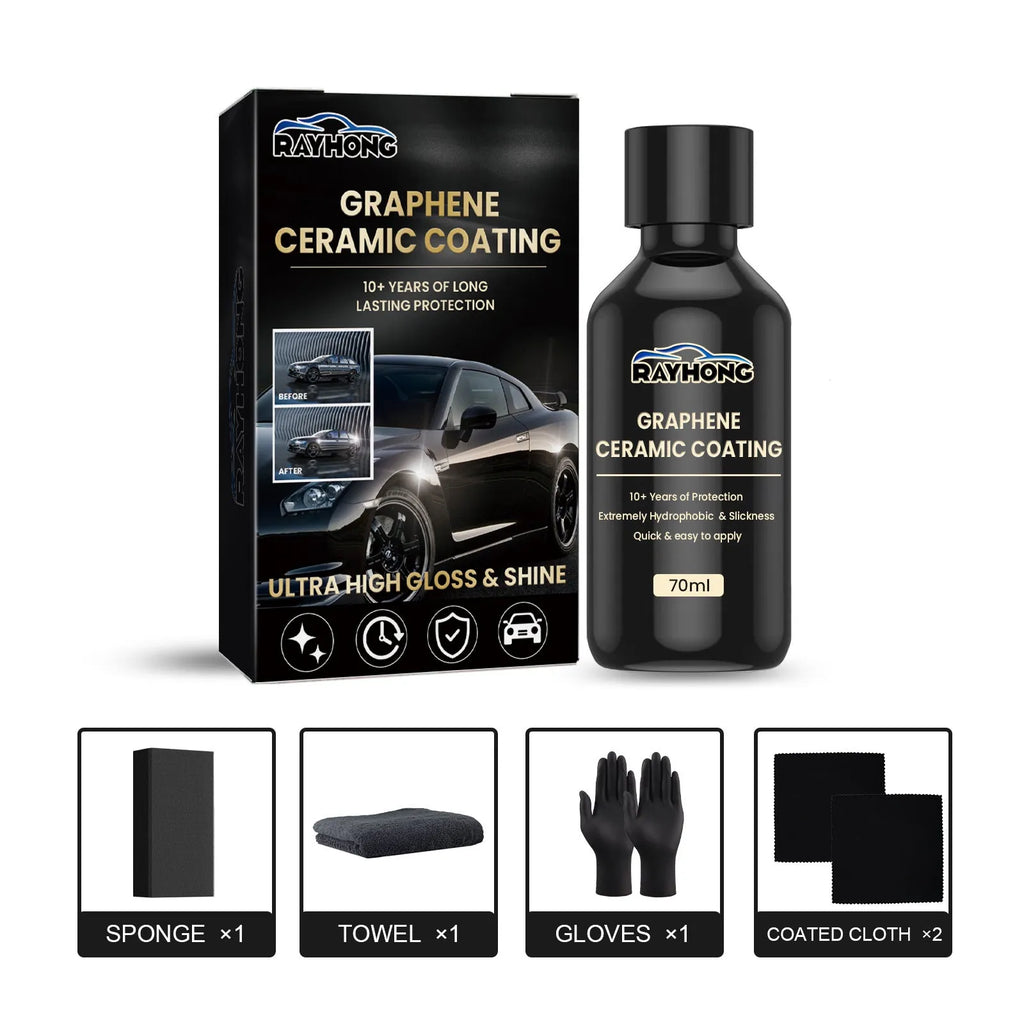 Automotive graphene ceramic coating kit showing 70ml bottle, sponge, towel, gloves and cloths