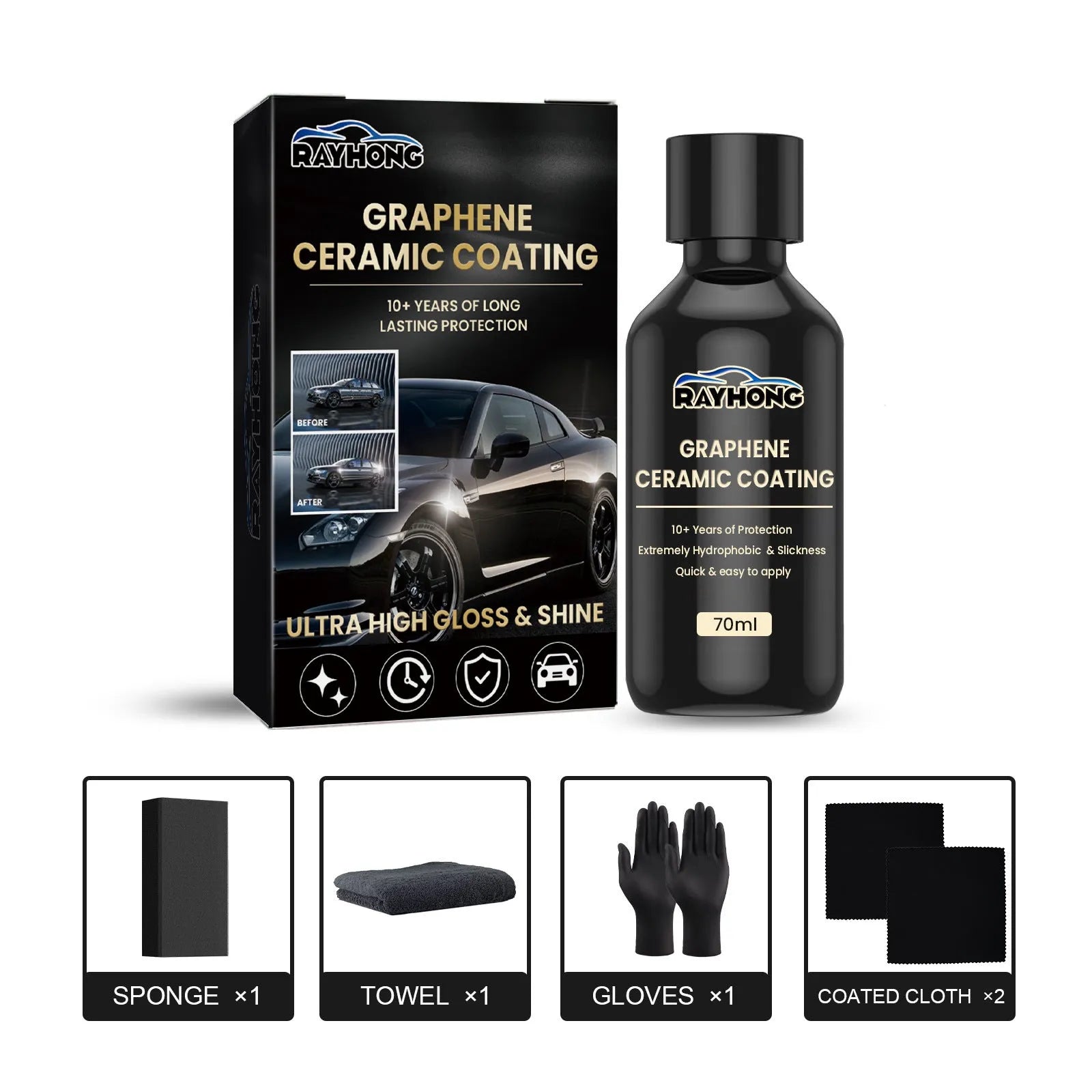 Automotive graphene ceramic coating kit showing 70ml bottle, sponge, towel, gloves and cloths
