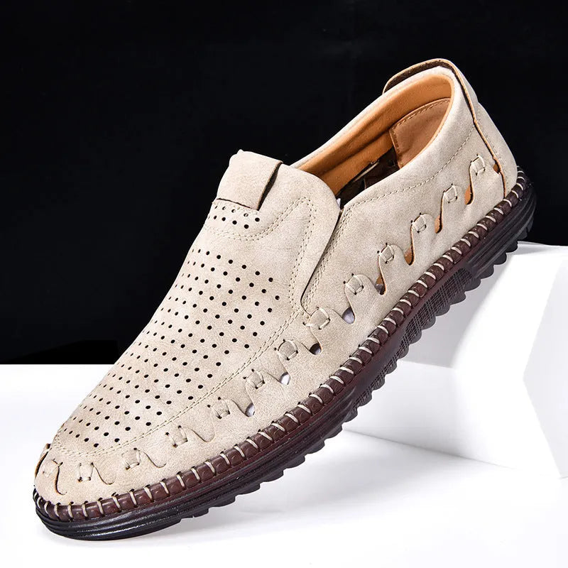 Men's brown casual slip-on shoes with round toe and flat heel design