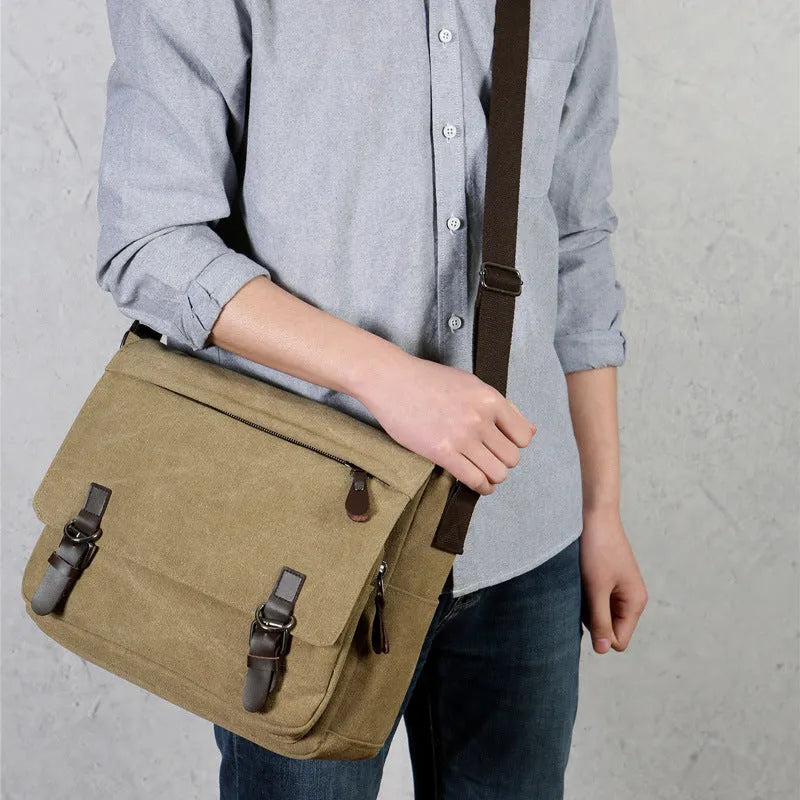 High density canvas retro travel bag in solid khaki colour with visible sewing thread detailing