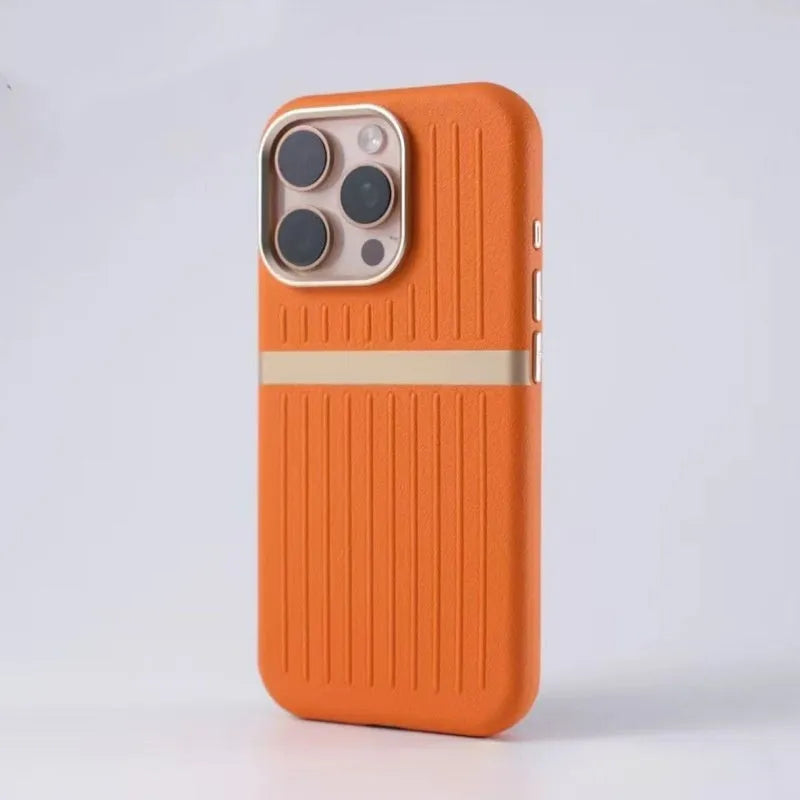 Corrugated magnetic phone case in black with frosted imitation leather finish for IPhone 15.
