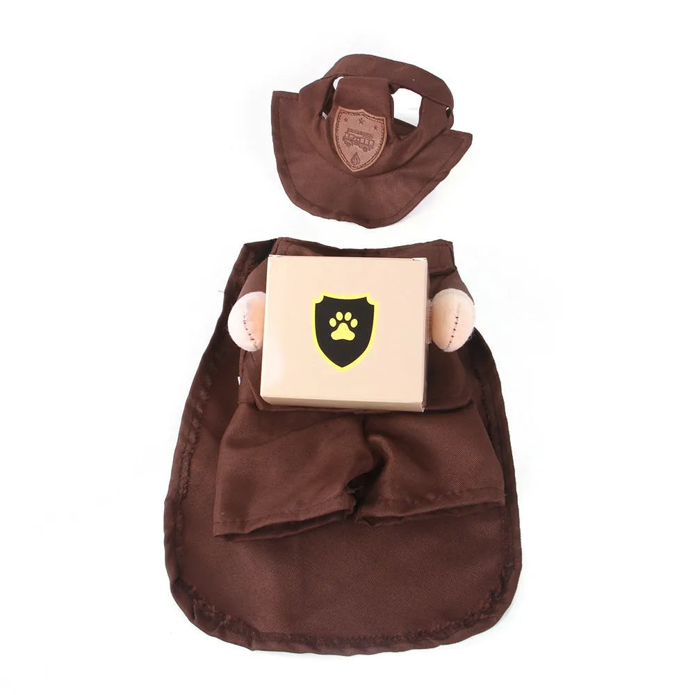Coffee coloured courier costume for a dog or cat on a hanger