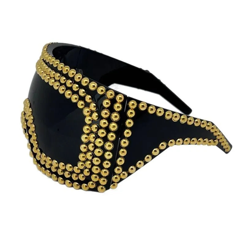 Men's silver punk sunglasses with wide square frame and metal rivet details on the arms.