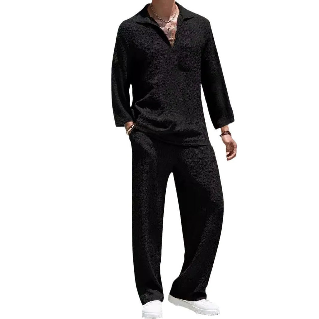Men's casual commuter suit set in polyester, showing shirt and trousers in a choice of four colours.