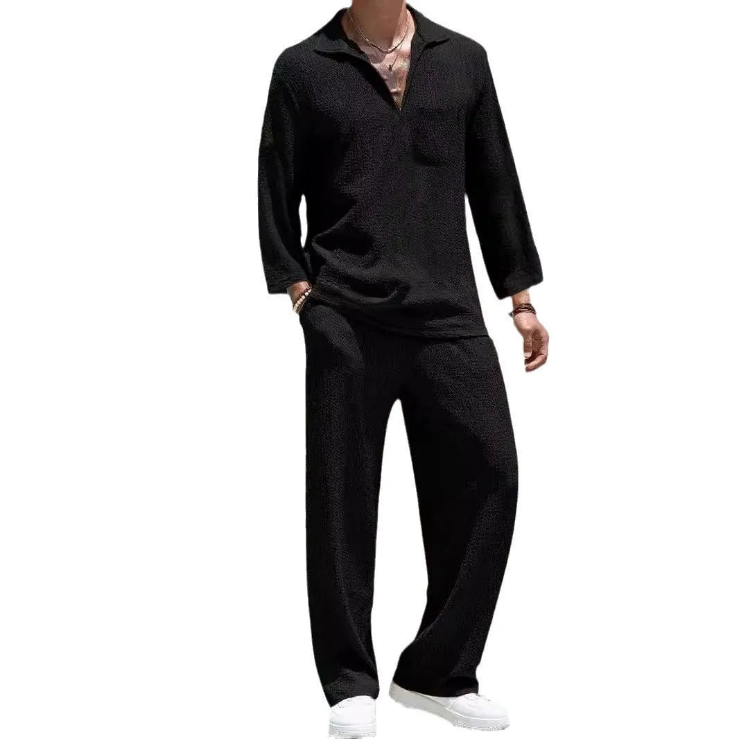 Men's casual commuter suit set in polyester, showing shirt and trousers in a choice of four colours.