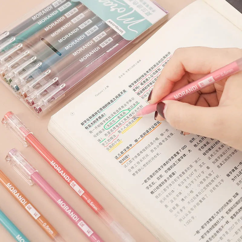 Set of nine colourful retro-style gel pens with 0.5mm needle tips arranged in a pack.