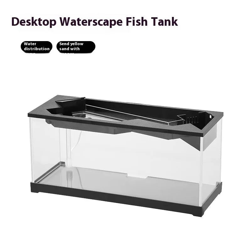 Small acrylic integrated lazy aquarium with circular filter, built-in lamp, external light, and heating mat for desktop use