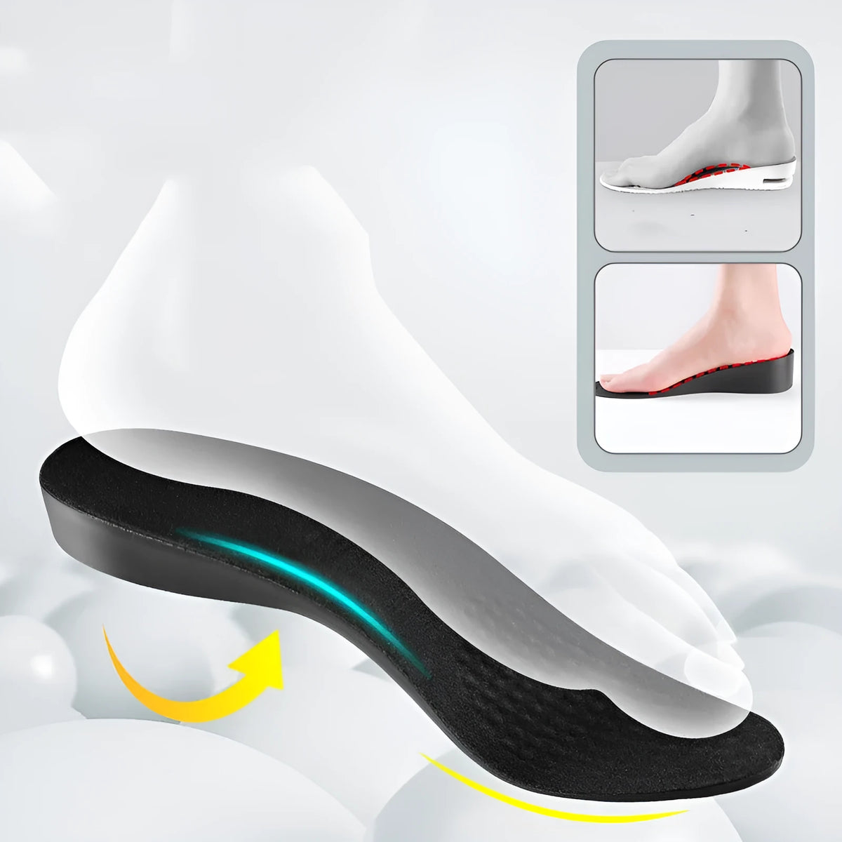 Pair of invisible PVC height-increasing insoles in black, white or grey, 1cm to 6cm lift, sizes 35-44