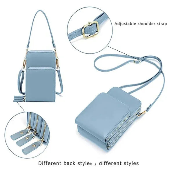 Green crossbody bag with tri-fold pockets and zipper closure on white background