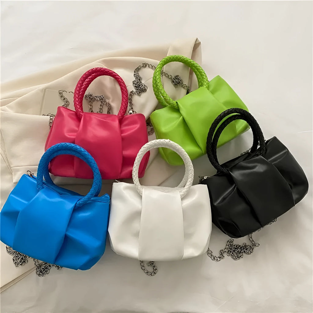 Portable Cloud pleated tote chain crossbody bag in white, small horizontal square PU design