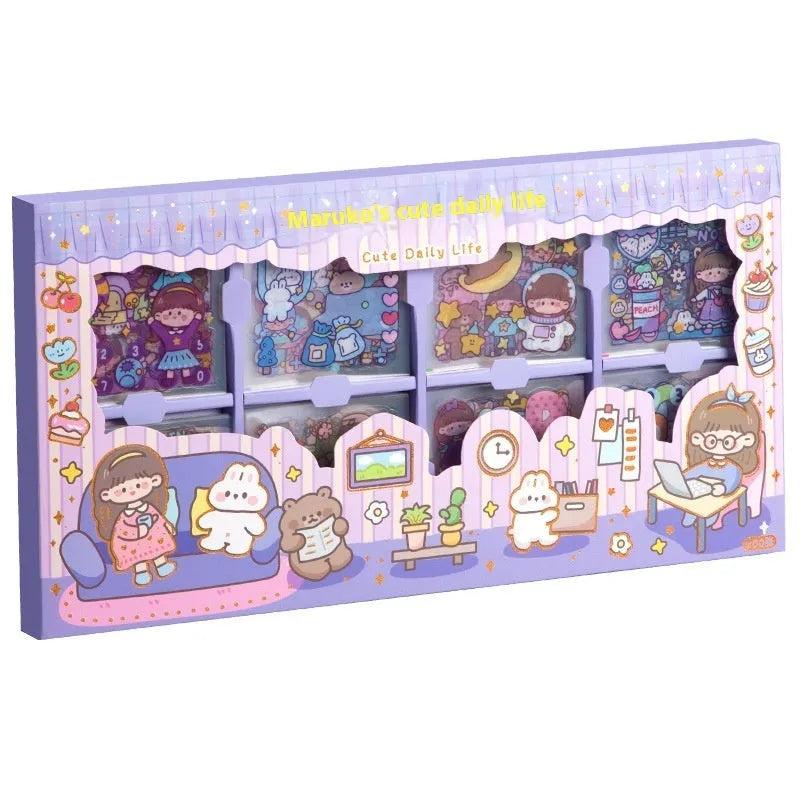 Children's sticker pack box showing five cute theme designs including meatball characters and tea party scenes