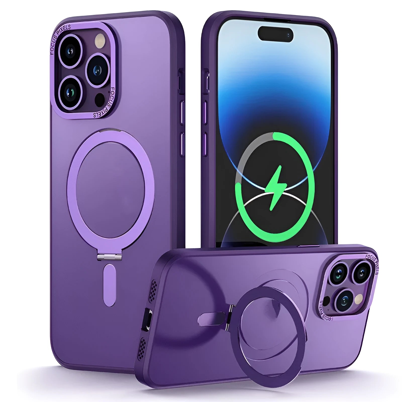 Magnetic phone case with invisible stand for iPhone 15 Pro Max in silver, showing bracket deployed