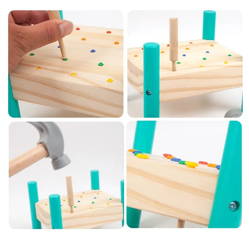 Wooden knock table with 17 colourful nails, hammer and reverse knock on khaki wood base