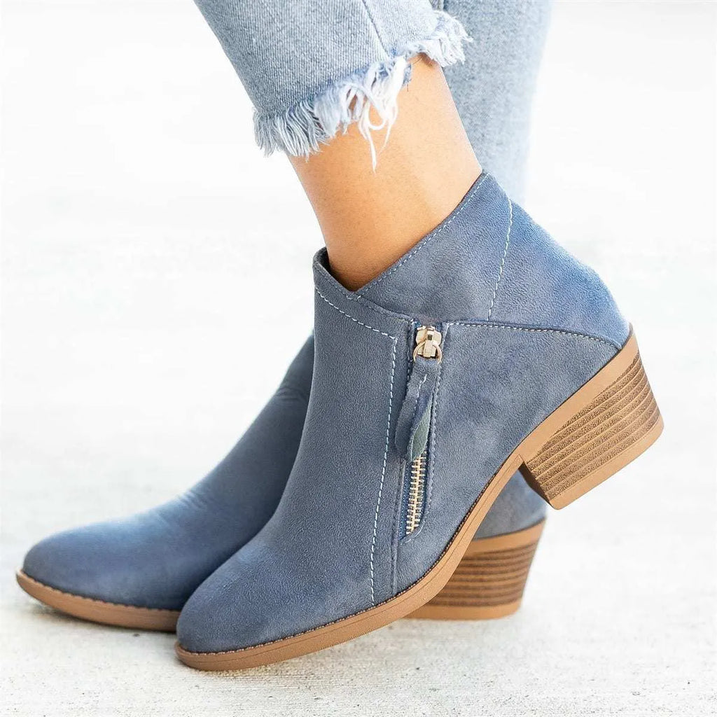 Women's suede ankle boots with side zip and chunky heel in beige, black, blue or orange colours