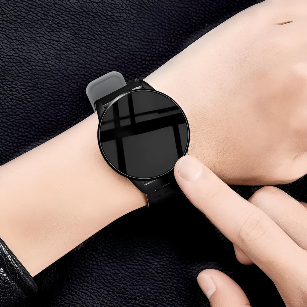 Black smart watch with 1.3-inch screen and coloured rubber sports strap, showing fitness tracking display.